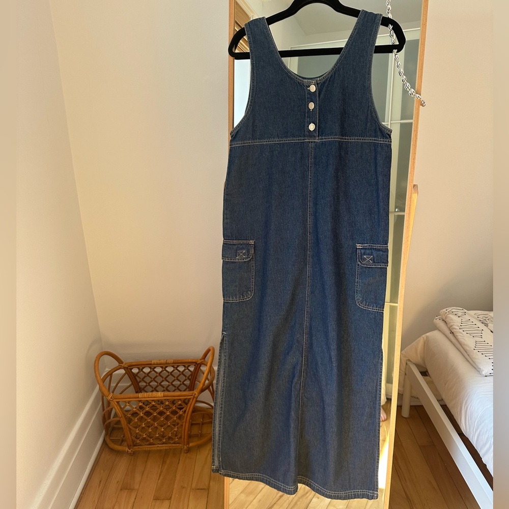 Vintage denim pinafore dress maxi overall cargo jean dress.
